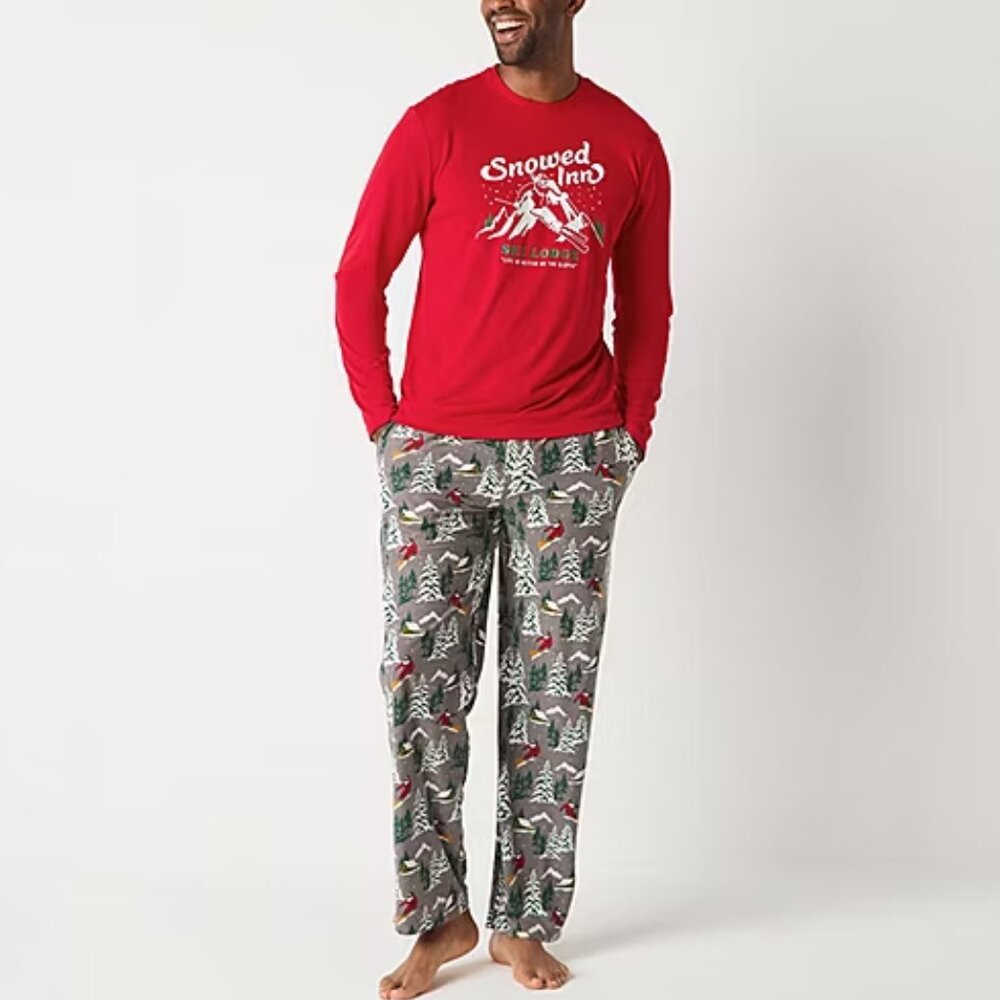 Pajama Set XXL Men's Christmas "Snowed Inn Ski Lodge" Red Lounge Pants/Top NWT